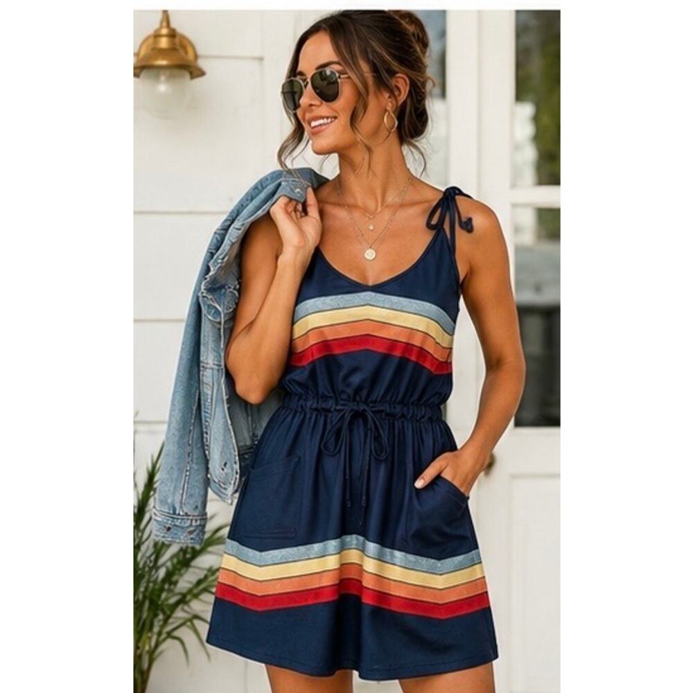 Retro Aviator Stripe Sundress Tie Strap Pocket Mini Dress Navy M